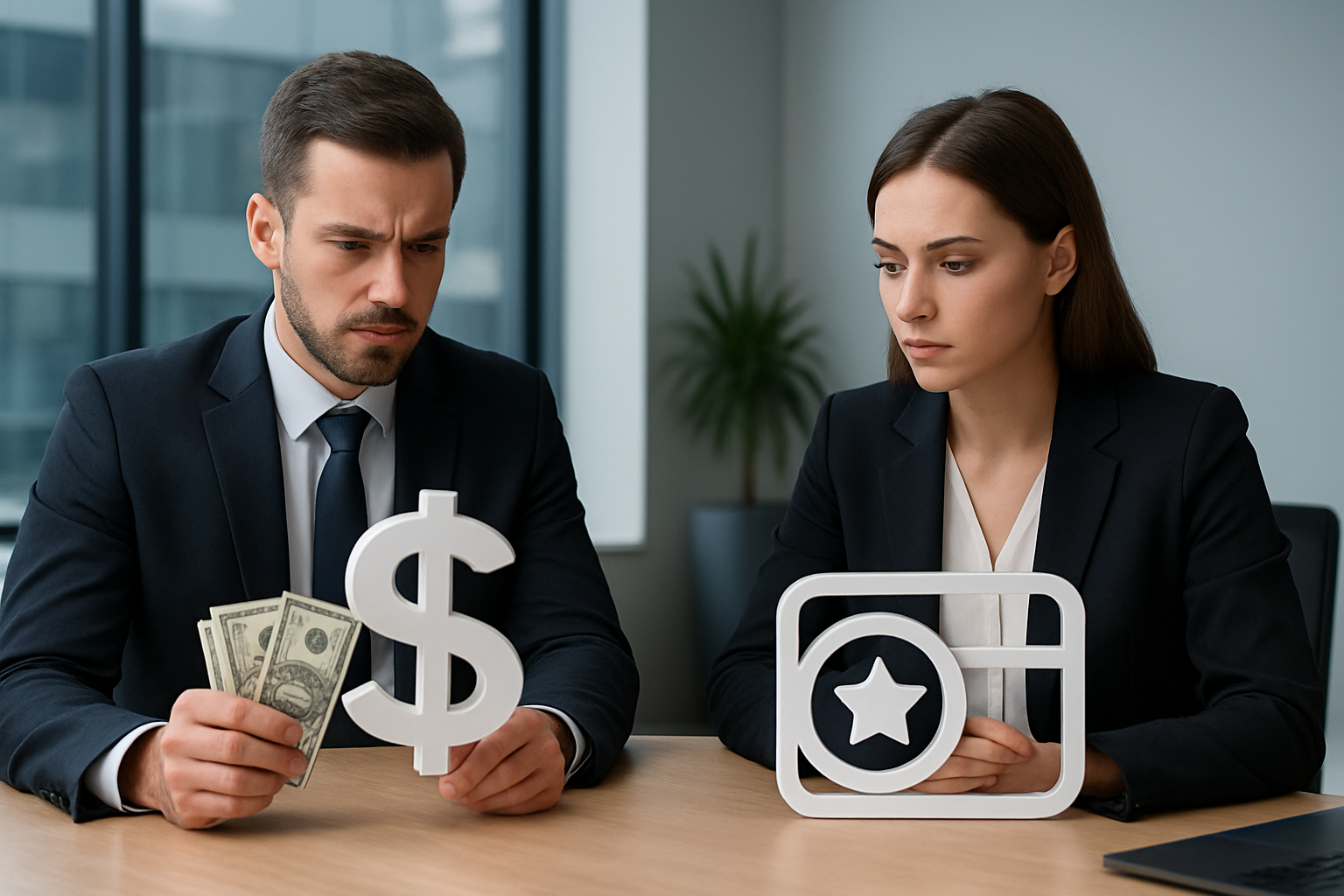 Two business professionals weighing the options of cashback and reward points with a dollar symbol and a rewards card sy