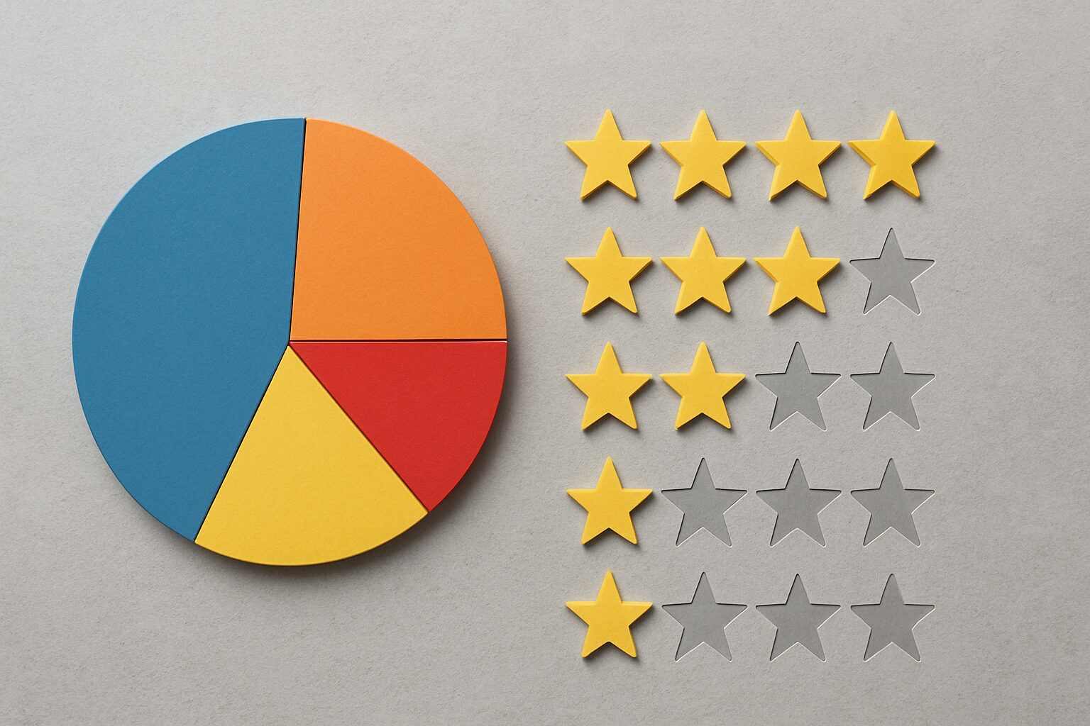 Colorful pie chart and star ratings displayed on a gray background.