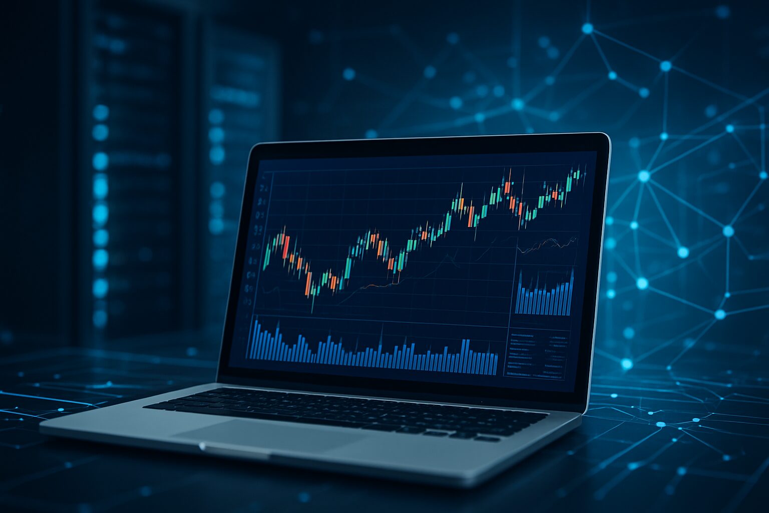 A laptop displaying a vibrant financial chart on a dark background with connected nodes suggesting market data analysis.